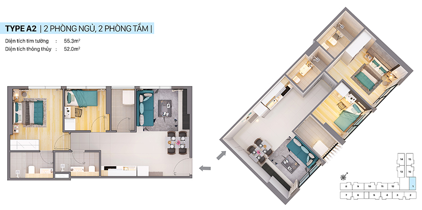 Thiết kế căn hộ CitiAlto (55.3m2, 2PN-2WC) - Đăng ký xem căn hộ thực tế LH: 0909.509.679