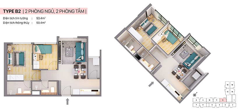Thiết kế căn hộ CitiAlto (53.4m2, 2PN-2WC) - Đăng ký xem căn hộ thực tế LH: 0909.509.679