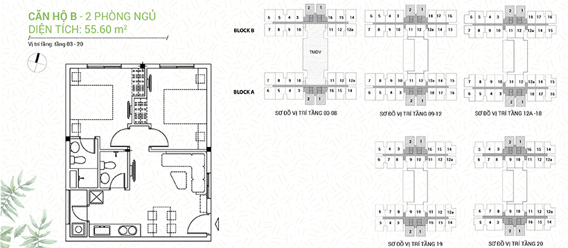 Mặt bằng thiết kế Dream Home Riverside Quận 8 căn hộ B: 55,60m2 Thiết kế căn hộ Dream Home Riverside Quận 8