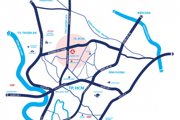 Vị trí địa chỉ dự án căn hộ chung cư Charm City Bình Dương Đường DT743 chủ đầu tư DCT GROUP