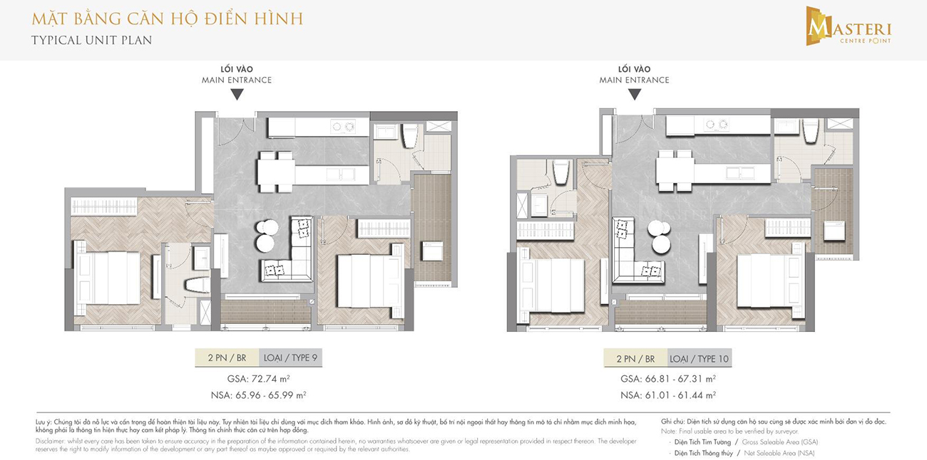 Thiết kế chi tiết căn hộ 02 phòng ngủ dự án Masteri Centre Point Quận 9 chủ đầu tư Masterise Homes