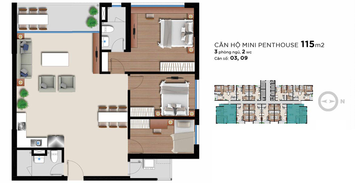 Thiết kế căn hộ 3 PN - 2WC (115m2) chung cư An Gia Riverside Quận 7. Liên hệ 0909.509.679 nhận báo giá
