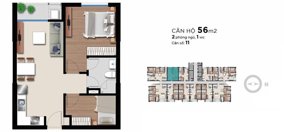 Thiết kế căn hộ 2 PN - 1WC (56m2) chung cư An Gia Riverside Quận 7. Liên hệ 0909.509.679 nhận báo giá