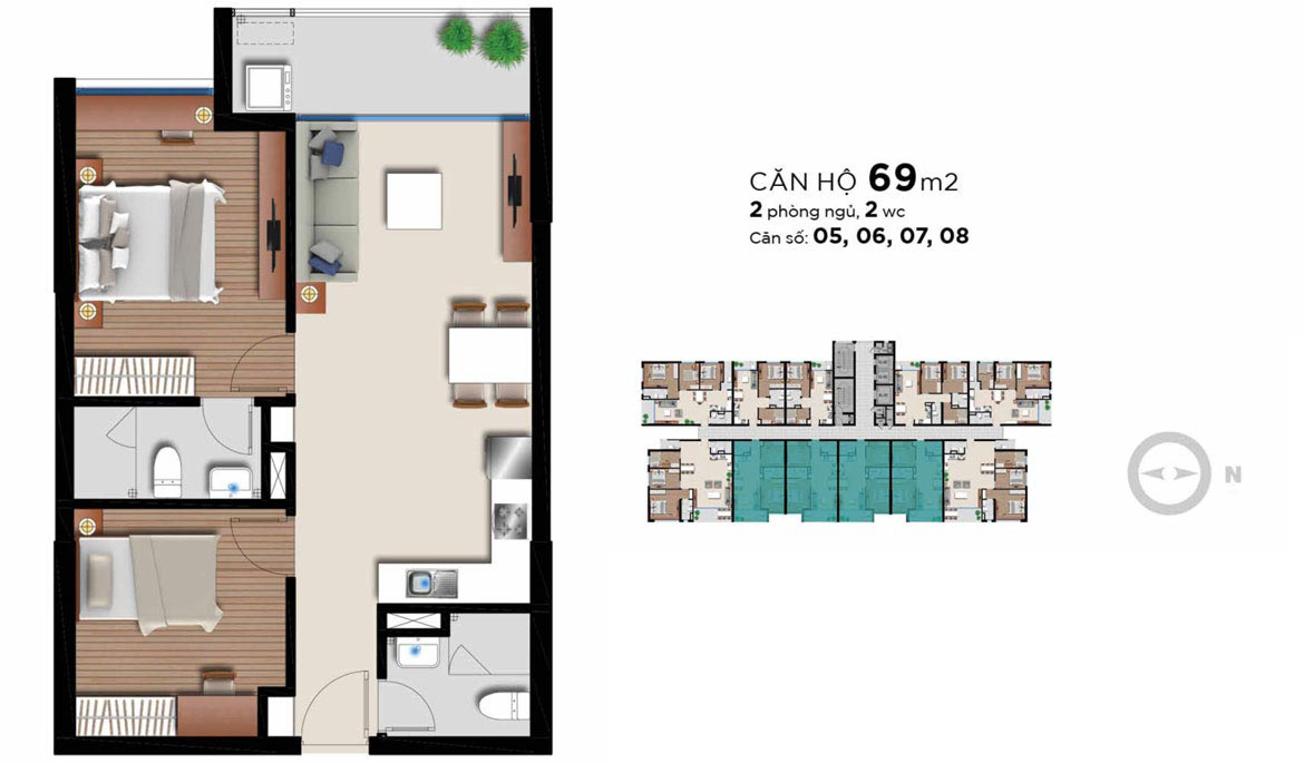  Thiết kế căn hộ 2 PN - 2WC (69m2) chung cư An Gia Riverside Quận 7. Liên hệ 0909.509.679 nhận báo giá