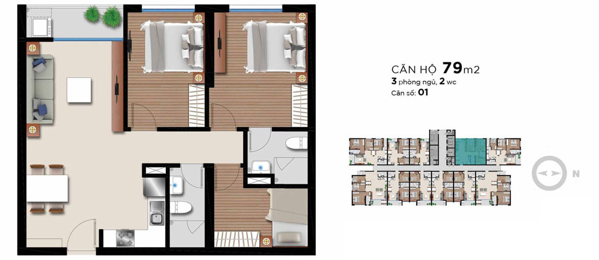 Thiết kế căn hộ 3 PN - 2WC (79m2) chung cư An Gia Riverside Quận 7. Liên hệ 0909.509.679 nhận báo giá