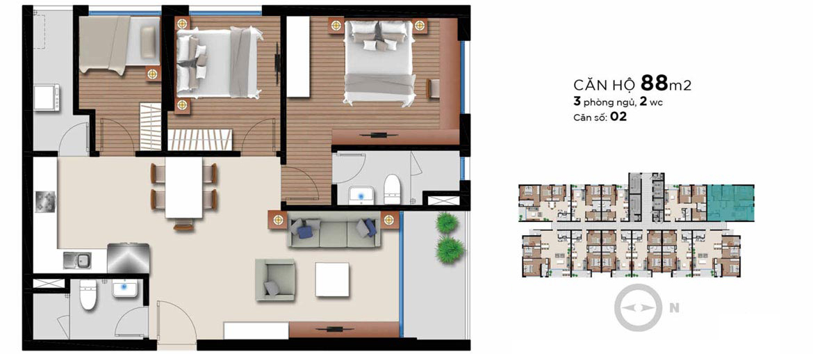 Thiết kế căn hộ 3 PN - 2WC (88m2) chung cư An Gia Riverside Quận 7. Liên hệ 0909.509.679 nhận báo giá