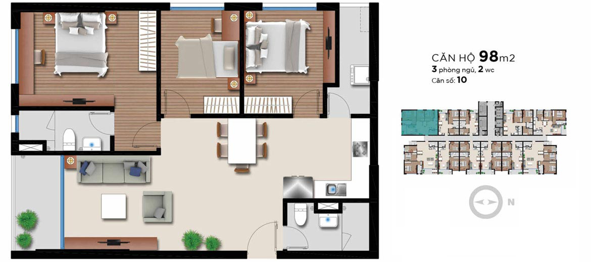 Thiết kế căn hộ 3 PN - 2WC (98m2) chung cư An Gia Riverside Quận 7. Liên hệ 0909.509.679 nhận báo giá