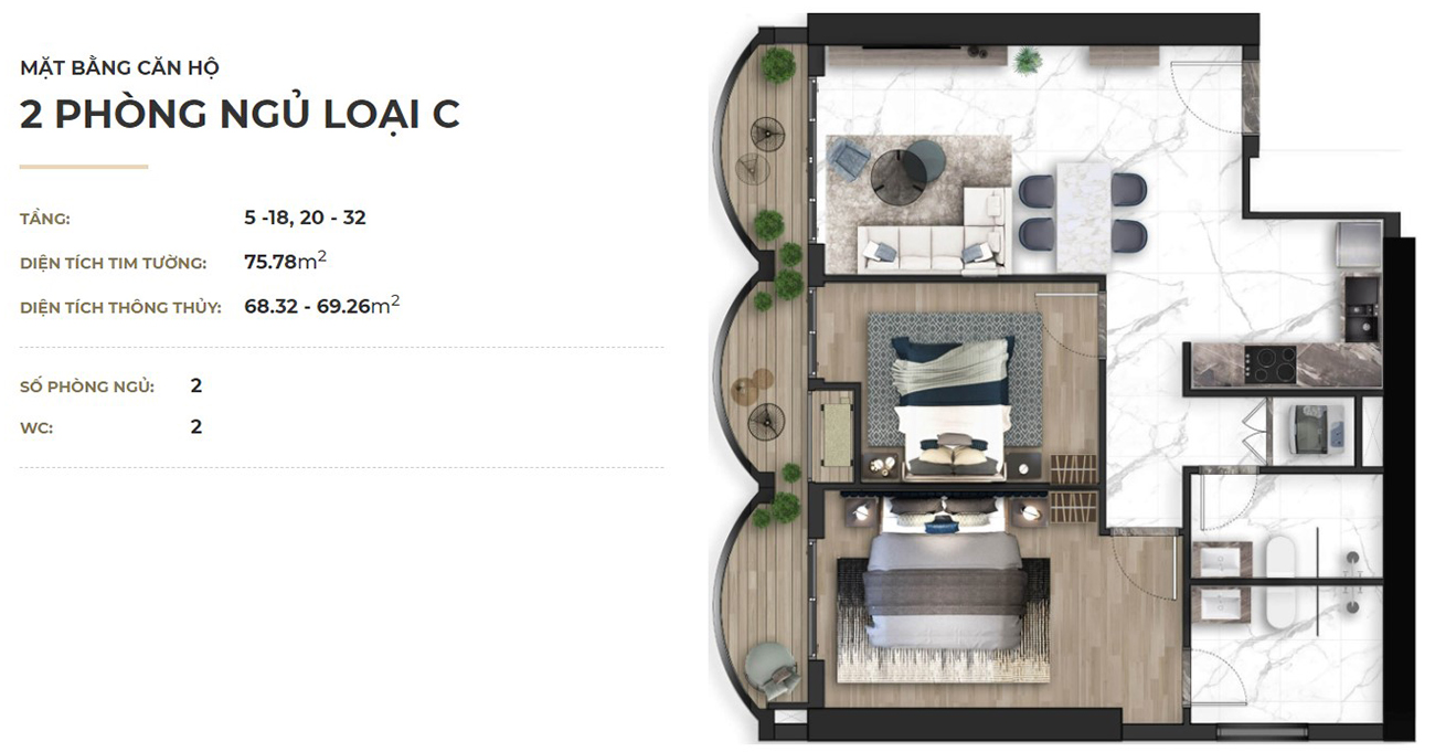 Thiết kế dự án căn hộ chung cư Asiana Đà Nẵng chủ đầu tư Gotec Land loại 02 phòng ngủ