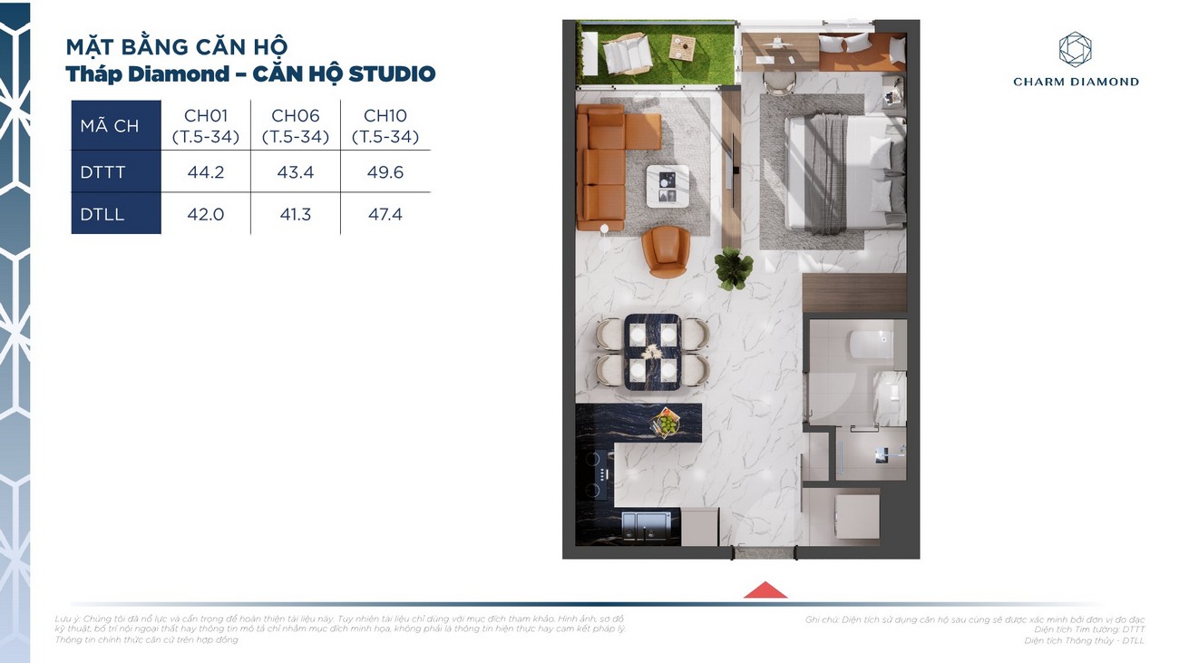 Thiết kế căn hộ diện tích 44.2 - 49.6m² dự án căn hộ Charm Diamond