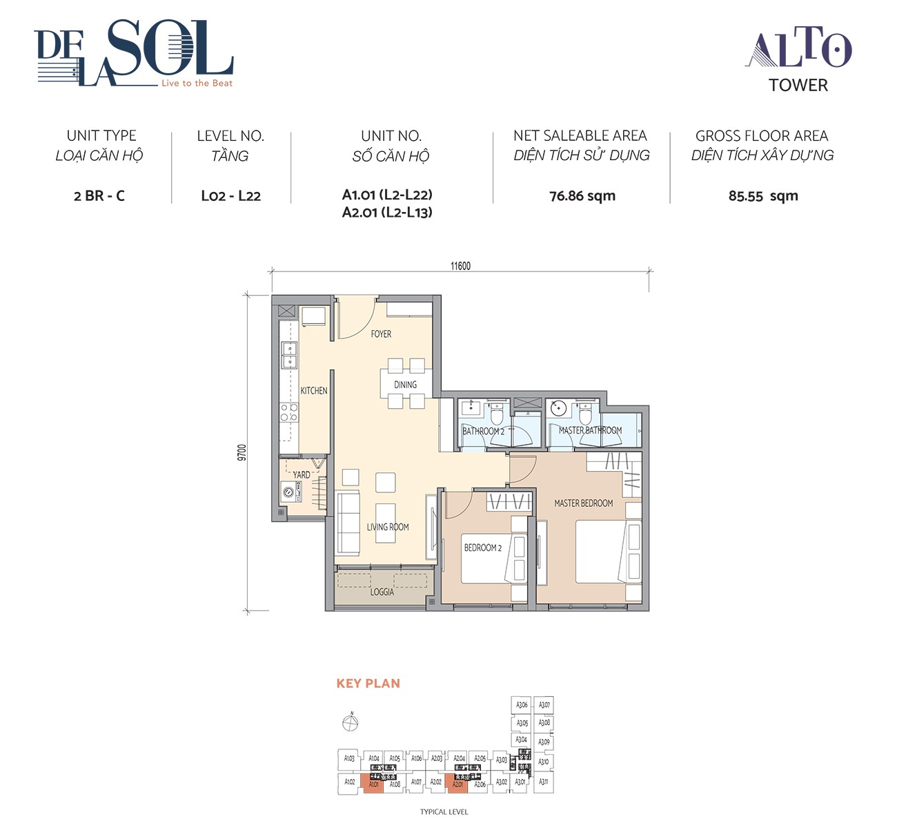 Thiết kế căn hộ 2PN loại C diện tích 85,55m² dự án De La Sol Quận 4