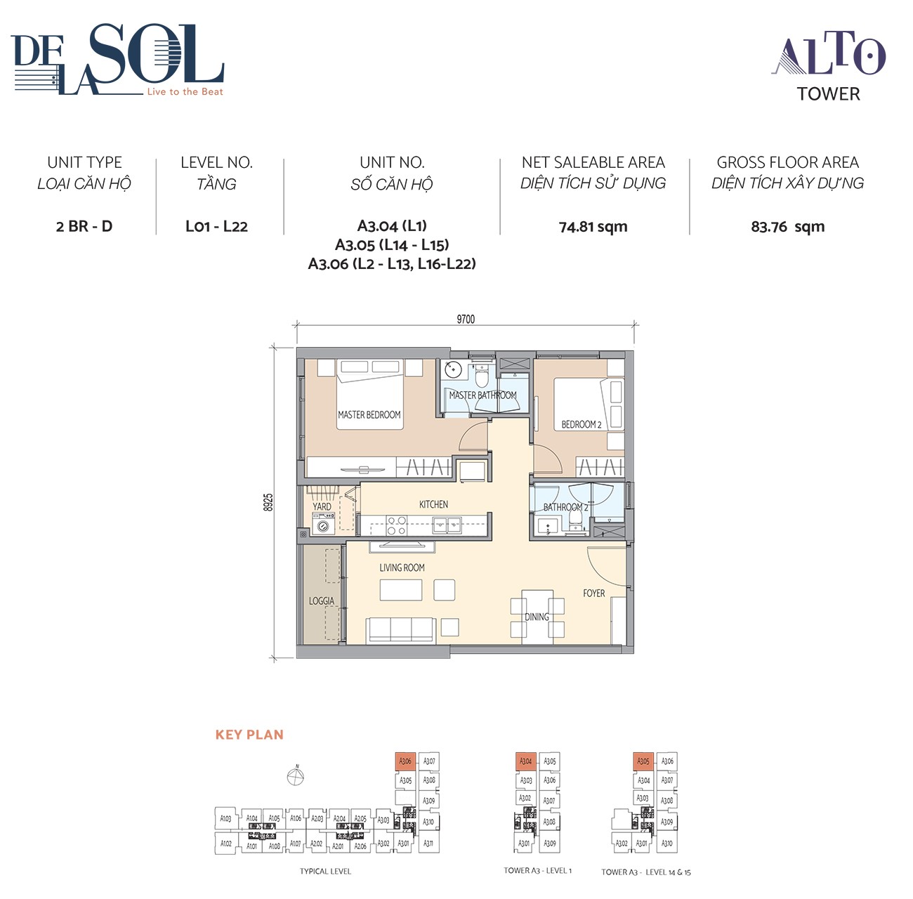 Thiết kế căn hộ 2PN loại D diện tích 83,76m² dự án De La Sol Quận 4
