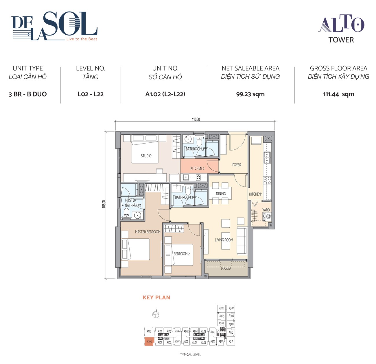 Thiết kế căn hộ 3PN loại B diện tích 111,44m² dự án De La Sol Quận 4