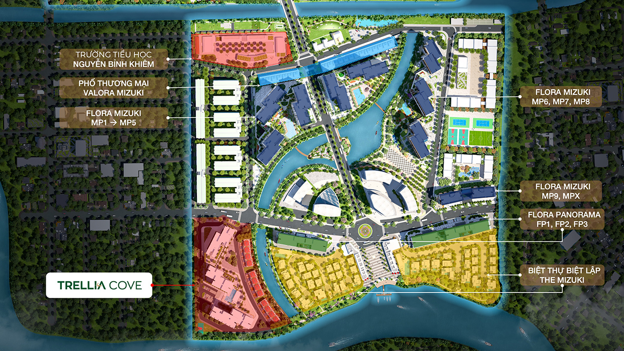 Vị trí phân khu Trellia Cove trong đại đô thị Mizuki Park Mặt bằng dự án căn hộ nhà phố Trellia Cove khu đô thị Mizuki Park Bình Chánh