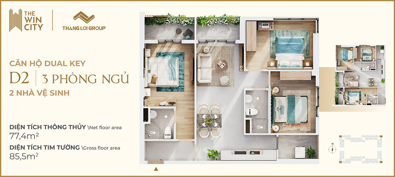 Thiết kế căn hộ  The Win City loại 3 phòng ngủ - 2 WC Thiết kế căn hộ chung cư dự án The Win City chủ đầu tư Thắng Lợi Group