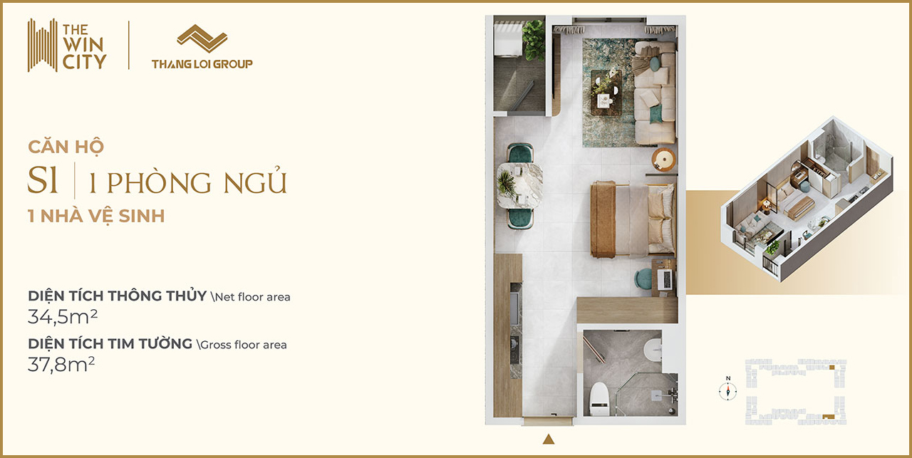 Thiết kế căn hộ  The Win City loại Studio Thiết kế căn hộ chung cư dự án The Win City chủ đầu tư Thắng Lợi Group