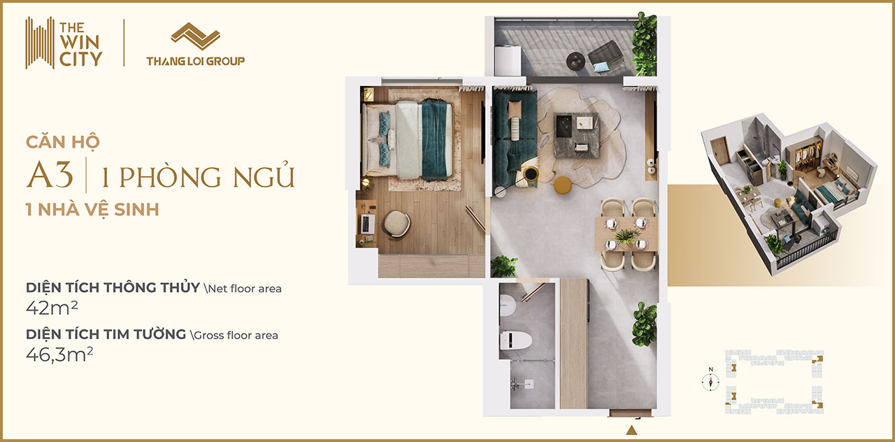 Thiết kế căn hộ  The Win City loại 1 phòng ngủ - 1WC Thiết kế căn hộ chung cư dự án The Win City chủ đầu tư Thắng Lợi Group