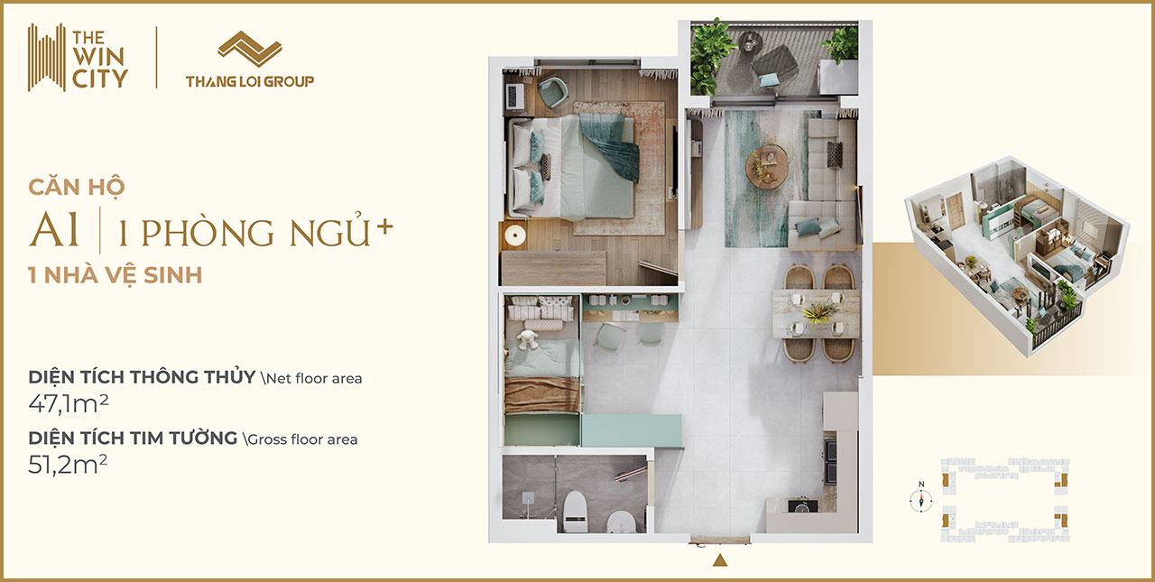 Thiết kế căn hộ  The Win City loại 1 phòng ngủ+ - WC Thiết kế căn hộ chung cư dự án The Win City chủ đầu tư Thắng Lợi Group