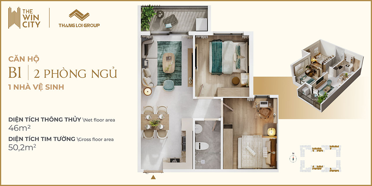 Thiết kế căn hộ  The Win City loại 2 phòng ngủ - 1WC Thiết kế căn hộ chung cư dự án The Win City chủ đầu tư Thắng Lợi Group