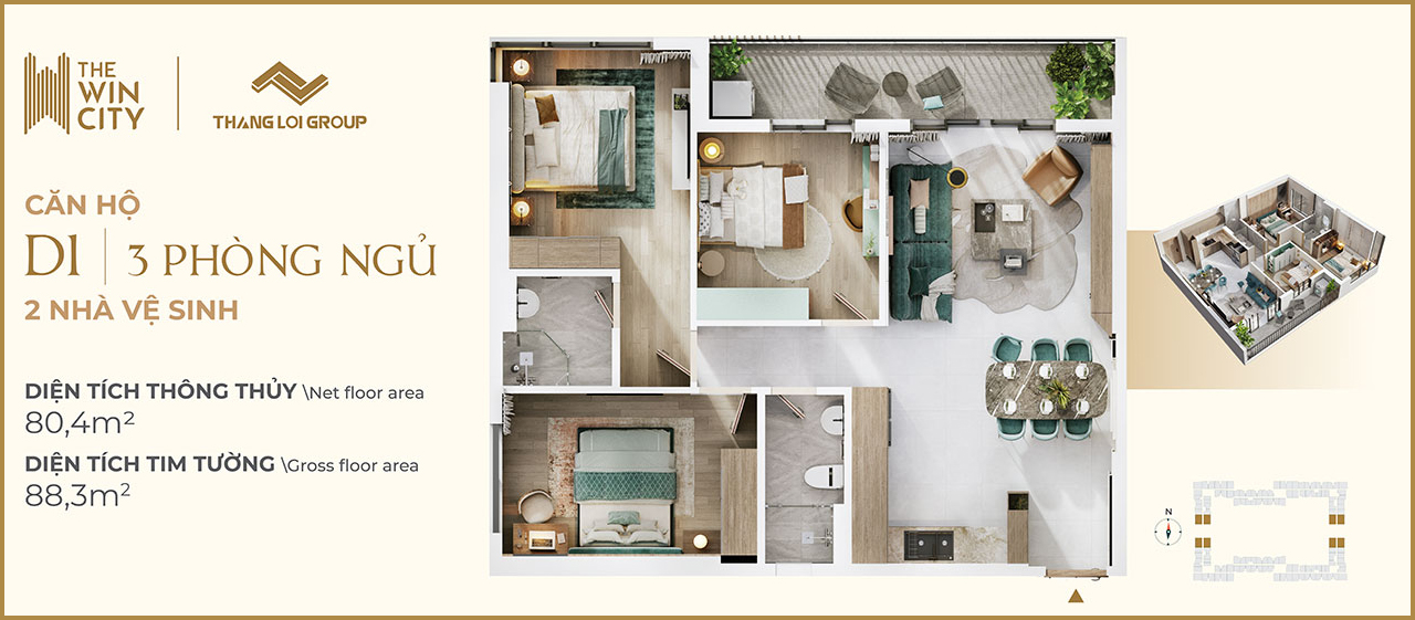 Thiết kế căn hộ  The Win City loại 3 phòng ngủ - 2 WC Thiết kế căn hộ chung cư dự án The Win City chủ đầu tư Thắng Lợi Group