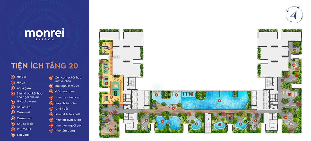 Mặt bằng bố trí tiện ích tại tầng 20 Mặt bằng dự án căn hộ chung cư Monrei Saigon chủ đầu tư Mitsubishi Corporation