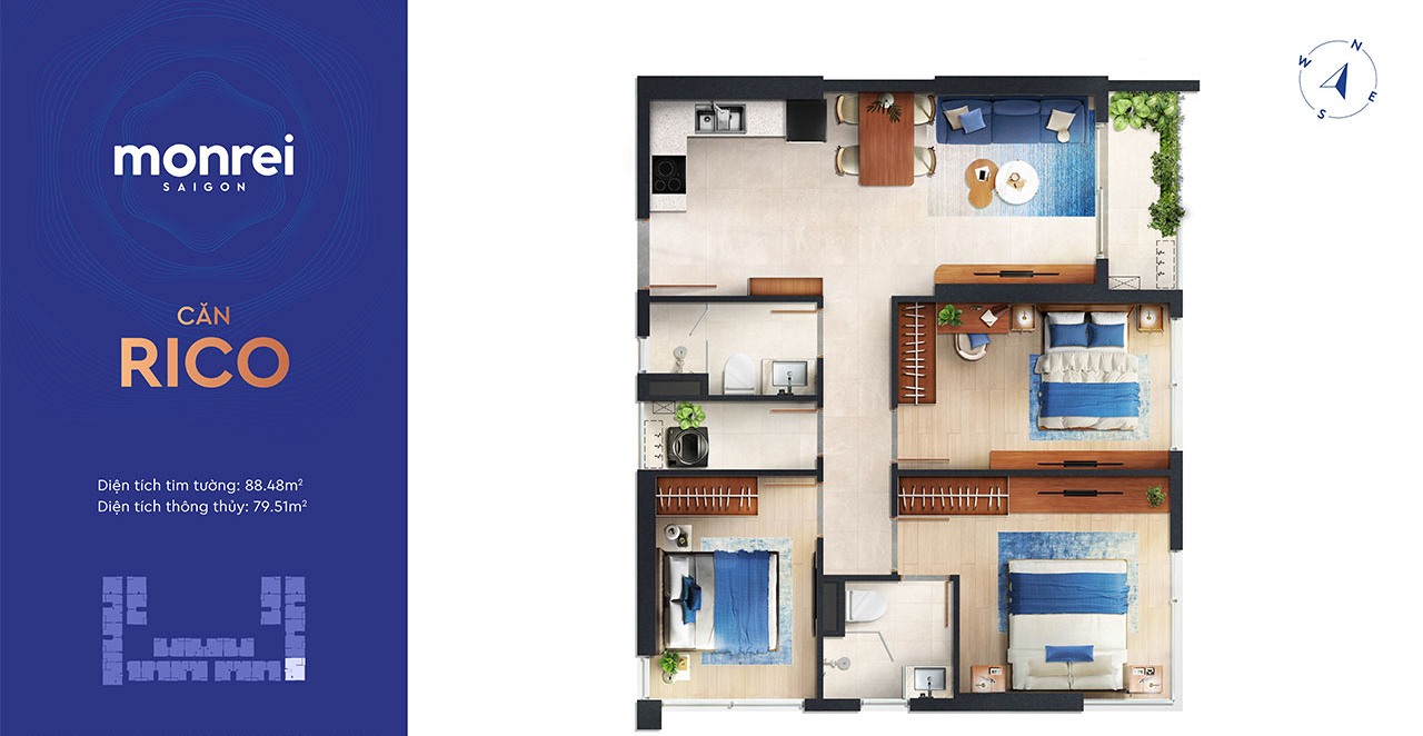 Layout thiết kế dự án Monrei Saigon căn hộ 3 phòng ngủ Thiết kế dự án căn hộ chung cư Monrei Saigon chủ đầu tư Mitsubishi Corporation