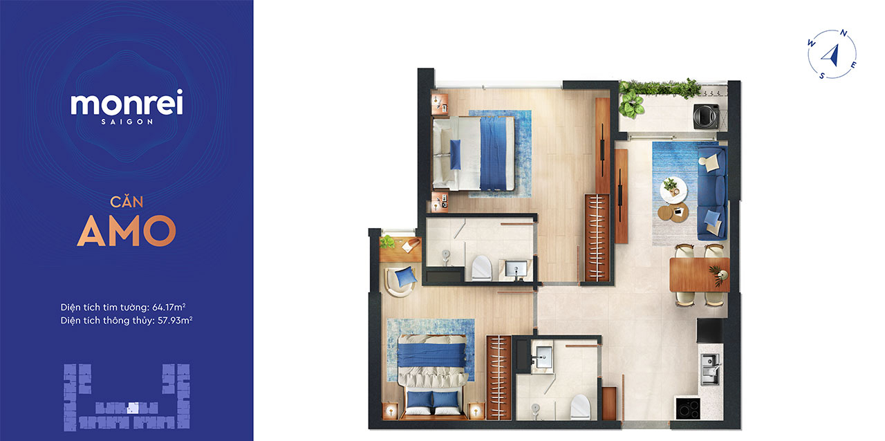 Layout thiết kế dự án Monrei Saigon căn hộ 2 phòng ngủ Thiết kế dự án căn hộ chung cư Monrei Saigon chủ đầu tư Mitsubishi Corporation