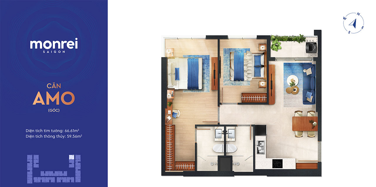 Layout thiết kế dự án Monrei Saigon căn hộ 2 phòng ngủ góc Thiết kế dự án căn hộ chung cư Monrei Saigon chủ đầu tư Mitsubishi Corporation
